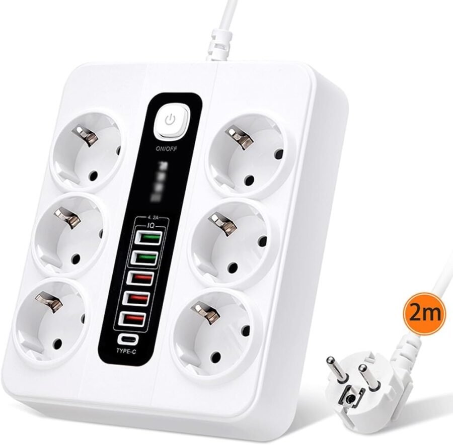 Zapatilla Alargue 2m 6 Toma Corriente Schuko 5 Usb 1 Tipo-c