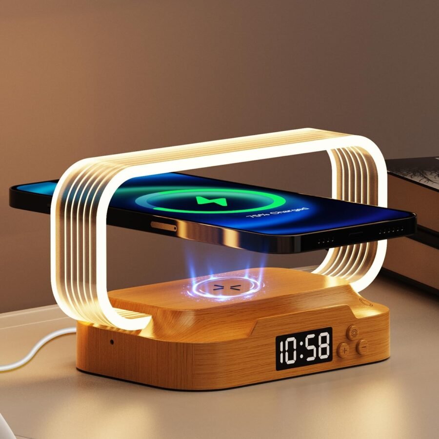 Lampara Luz Led Con Reloj Y Cargador Inalámbrico De Mesa