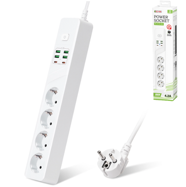 Zapatilla Alargue 2MT 4 Toma Corriente Schuko 4 USB 2 Puertos Tipo-C